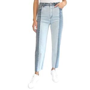 Almost Famous 2 Tone High-Rise Dad Jeans Color Block Ankle Length Raw Hem Sz 7